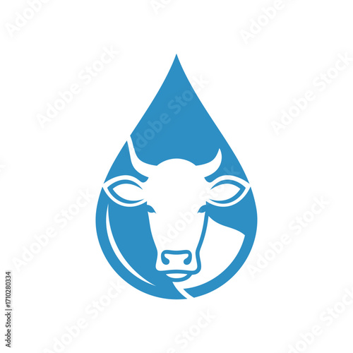 Vector water drop icon with milk and farm cow symbol.