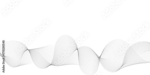 Abstract grey, white smooth element swoosh speed wave modern stream background. Wave with lines created using blend tool. Abstract frequency sound wave lines and twisted curve lines background.	