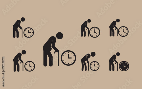 Aging process depicted by silhouettes of elderly people and clocks