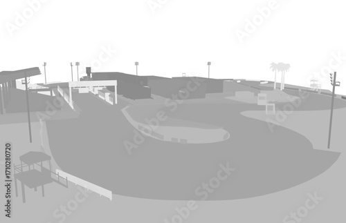 Aerial view of a racetrack landscape with buildings, poles, and a shed among trees in black and white silhouette.