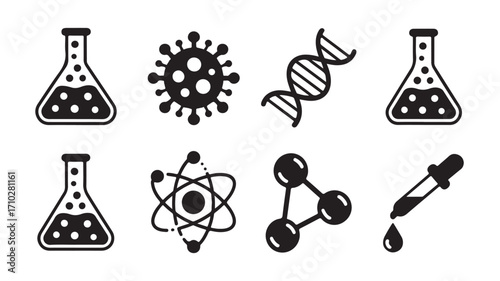 Science and lab icons with flask DNA atom molecule virus and dropper in black silhouette style