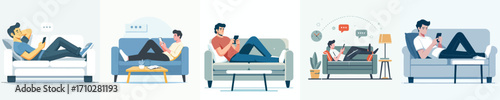 vector of a man sitting relaxed on the sofa playing with gadgets