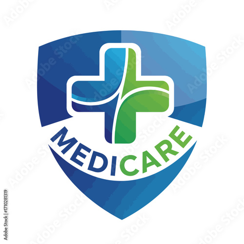 Blue and green Medicare logo with herbal leaf symbol. vector