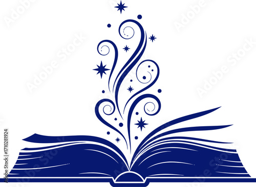 midnight blue open book magical literary graphic for branding, isolated on transparent background