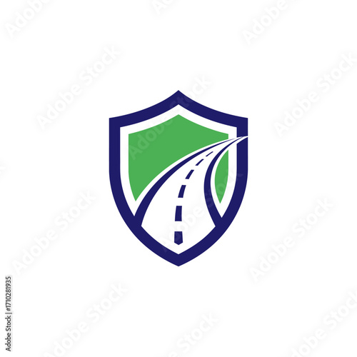 Shield logo with road symbol for safety and transportation.
