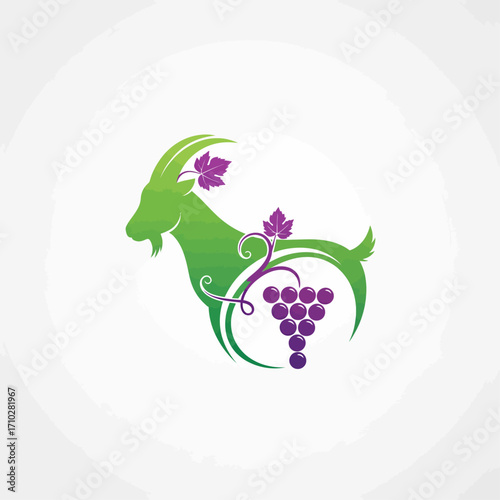Creative goat and grape logo in green and purple vector style
