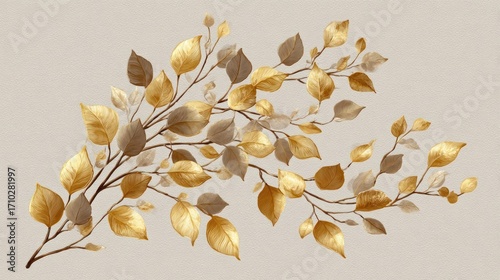 Golden leaves on a branch against a textured background create a luxurious and elegant design element for various applications