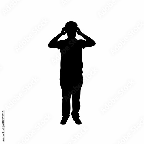Silhouette of a person covering ears from loud music speakers isolated on white background