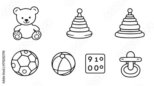 Children's toy icons with teddy bear stacking rings balls pacifier and number block in black silhouette