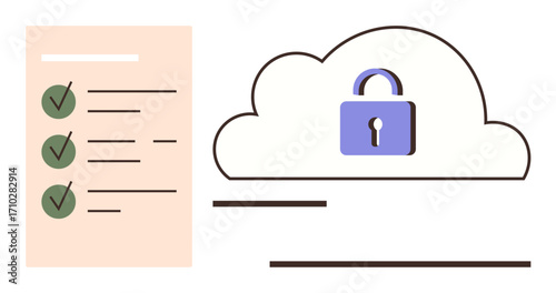 Padlock over cloud ensuring security and data privacy next to checklist with green checkmarks. Ideal for data security, privacy, cloud computing, online safety, compliance, encryption, secure