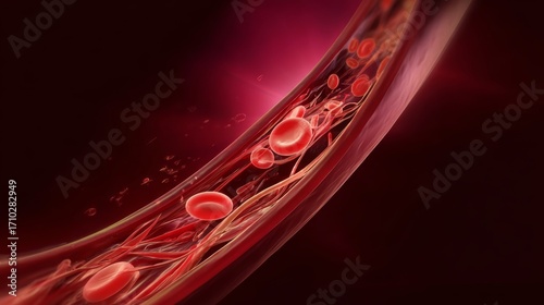 Red blood cells flowing through artery with veins and plasma