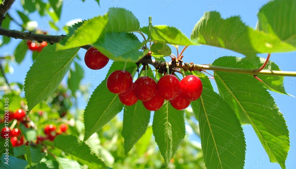 Fototapeta premium Ripe cherries cluster on a sunlit branch, showcasing vibrant red fruit against lush green leaves.