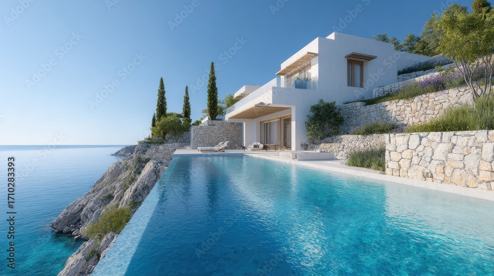 Fototapeta premium Modern Luxury Villa With Infinity Pool Overlooking The Sea. Coastal Retreat For Relaxation And Leisure