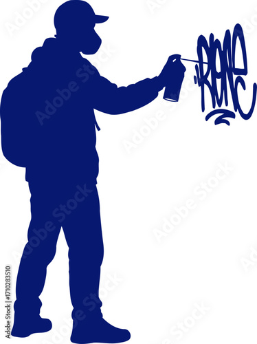urban street artist blue silhouette spray painting graffiti art, isolated on transparent background