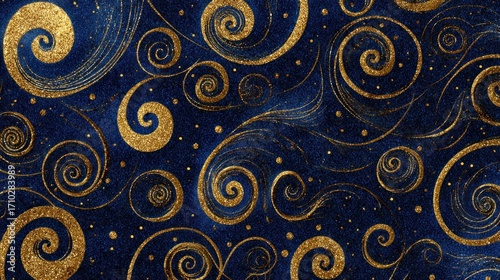 Elegant dark blue and gold swirls pattern with glitter, creating a luxurious and festive abstract background for various designs