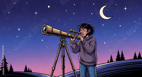 Illustration of a young person looking through a telescope at a starry night sky with a crescent moon.