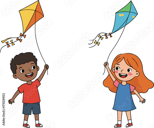 Cartoon kids flying kites, boy with kite, girl playing outdoors, children summer activity, fun outdoor game, happy childhood illustration