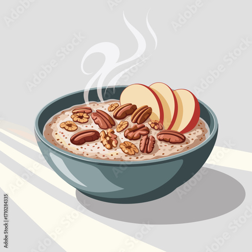 Warm Oatmeal Bowl with Apples and Pecans Illustratio