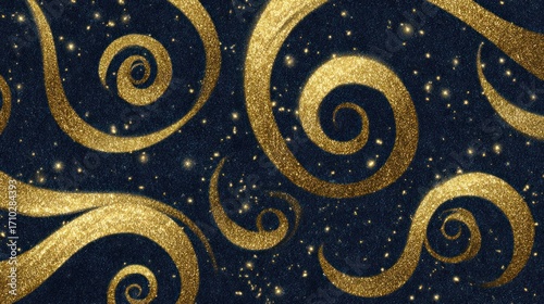 Sparkling gold swirls on dark blue background, creating a luxurious and festive abstract pattern for various design applications