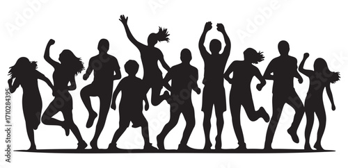 Jumping and dancing crowd silhouettes. A group of diverse people celebrating, having fun, and cheering with raised hands. Party, festival, concert, and success concept.

