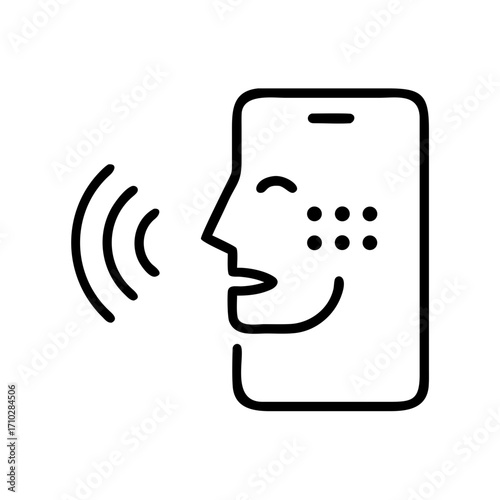 Illustration of a mobile phone with a face profile and sound waves indicating voice recognition feature