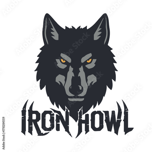 Intense wolf head logo with fierce eyes and bold typography, perfect for branding and design