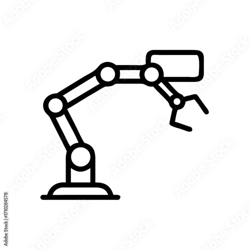 Illustration of a robotic arm with a gripper, depicted in a simple line drawing on a white background