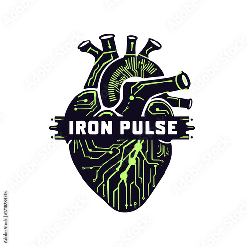 Iron Pulse heart with circuit board design, modern logo for technology, innovative medical concept