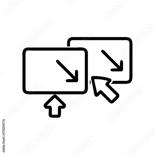 Two rectangular frames with downward arrows and an upward arrow indicating data transfer process