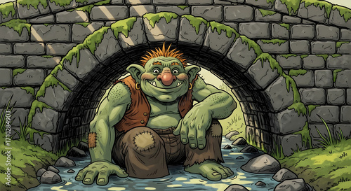 A friendly troll with green skin and orange hair sits under a stone bridge in a stream.