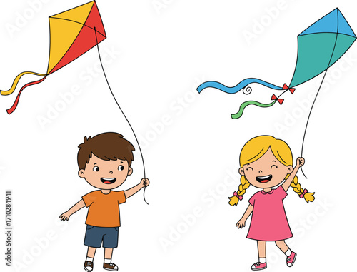 Cartoon kids flying kites, happy boy and girl playing, outdoor activity illustration, childhood fun, summer festival, playtime, leisure design