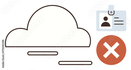 Cloud connected to data system with ID badge and red cross icon. Ideal for cybersecurity, data restriction, privacy, account suspension, access control, cloud management, user authentication. Simple