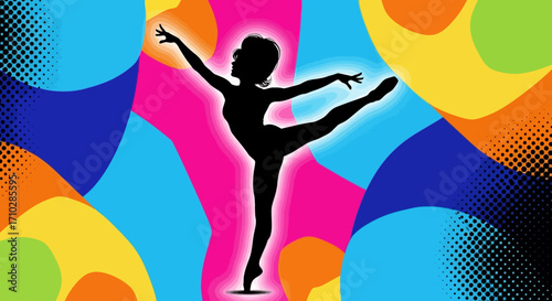 Silhouette of a ballerina against a colorful abstract background.