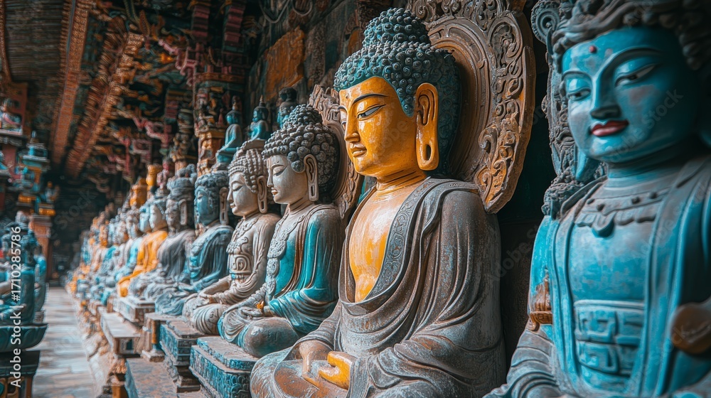 Fototapeta premium Statues of buddha in ancient temple with detailed carvings and weathered colors