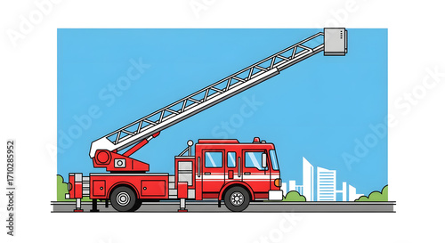 Illustration of a red fire truck with an extended aerial ladder parked on a road with a city skyline in the background.