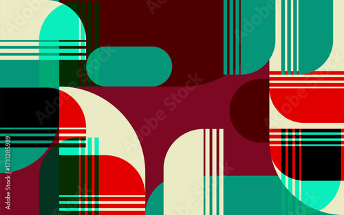 Colorful geometric shapes create a vibrant retro pattern, a stylish mid-century modern abstract background for contemporary design