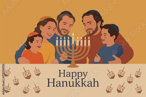 Family celebrating hanukkah with lit menorah and dreidels