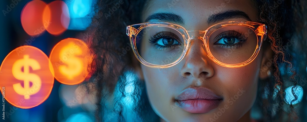 Obraz premium A woman wearing illuminated glasses with floating dollar signs in a bokeh background symbolizing finance and technology