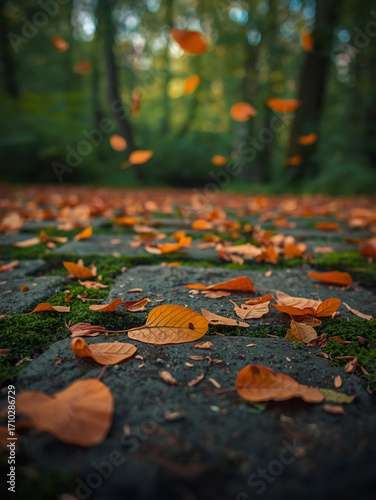 Autumn leaves falling to the ground, created with Generative AI.