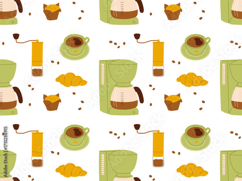 Seamless coffee pattern with drip coffee maker, grinder and desserts. Vector illustration for packaging, textile, wallpaper design