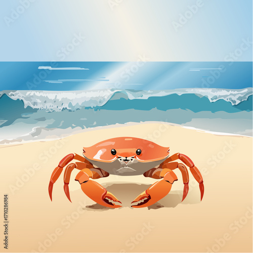 3D Krabbe, auf Sandstrand, Meereswellen im Hintergrund, fotorealistisch, warmes Licht