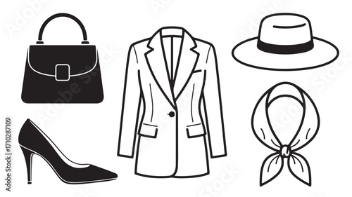 Fashion accessory icons with handbag shoe blazer hat and scarf in black and white vector style