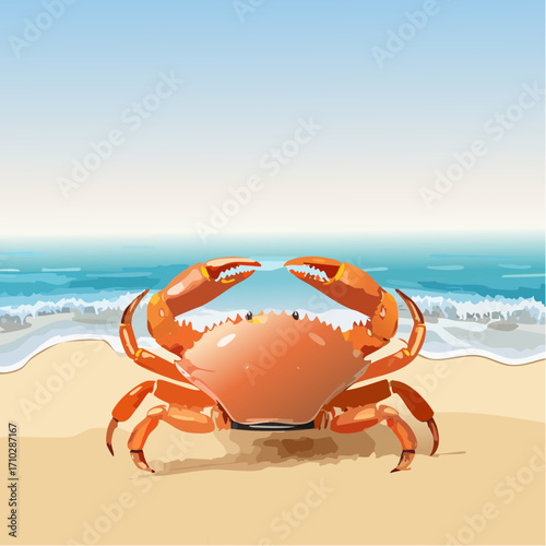 3D Krabbe, auf Sandstrand, Meereswellen im Hintergrund, fotorealistisch, warmes Licht