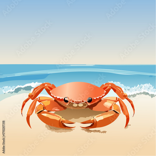 3D Krabbe, auf Sandstrand, Meereswellen im Hintergrund, fotorealistisch, warmes Licht