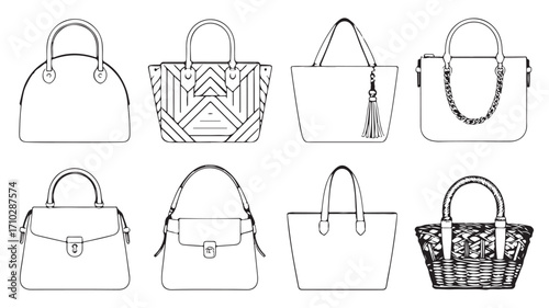 Handbag icons with tote flap chain and woven styles in black vector illustration