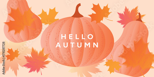 Hello Autumn festive card with large pumpkin, butternut squashes and maple leaves on soft pastel background. Thanksgiving greeting for seasonal sale or invitation. Vector illustration