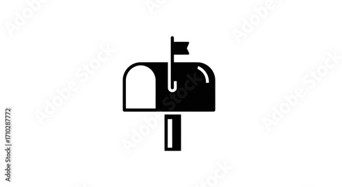 Classic American Mailbox Silhouette Icon with Raised Flag.