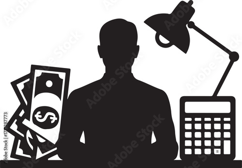 Person at Desk with Money Lamp and Calculator silhouette