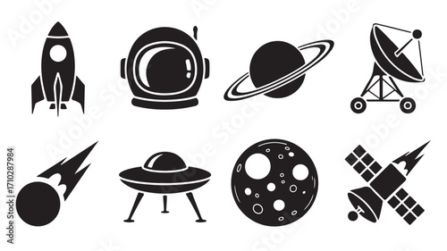 Space exploration icons with rocket helmet planet satellite and moon in black and white vector style