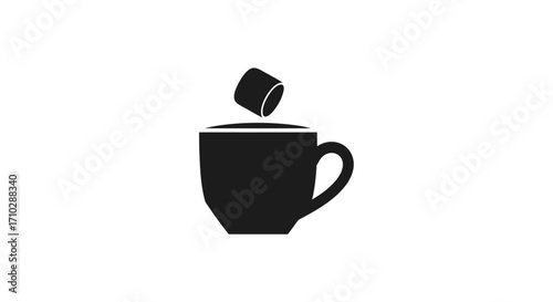 A black mug with a marshmallow falling inside, simple illustration.